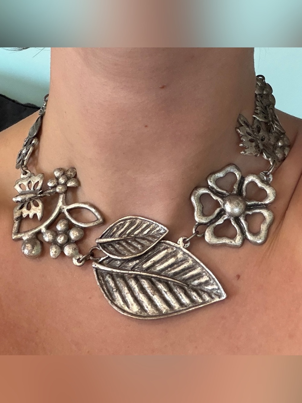 Vintage Y2K Silver Plated Brass Floral Butterfly Necklace Flower Necklace Retro